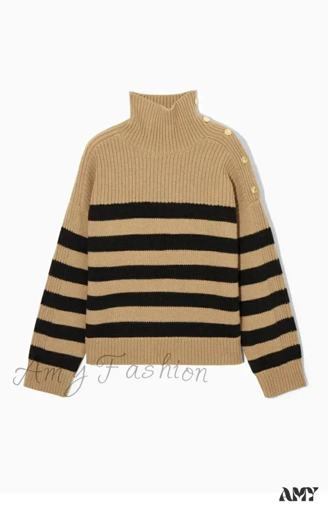 2024 Autumn New Style Standard One-shoulder Button-striped Casual Chic Sweater