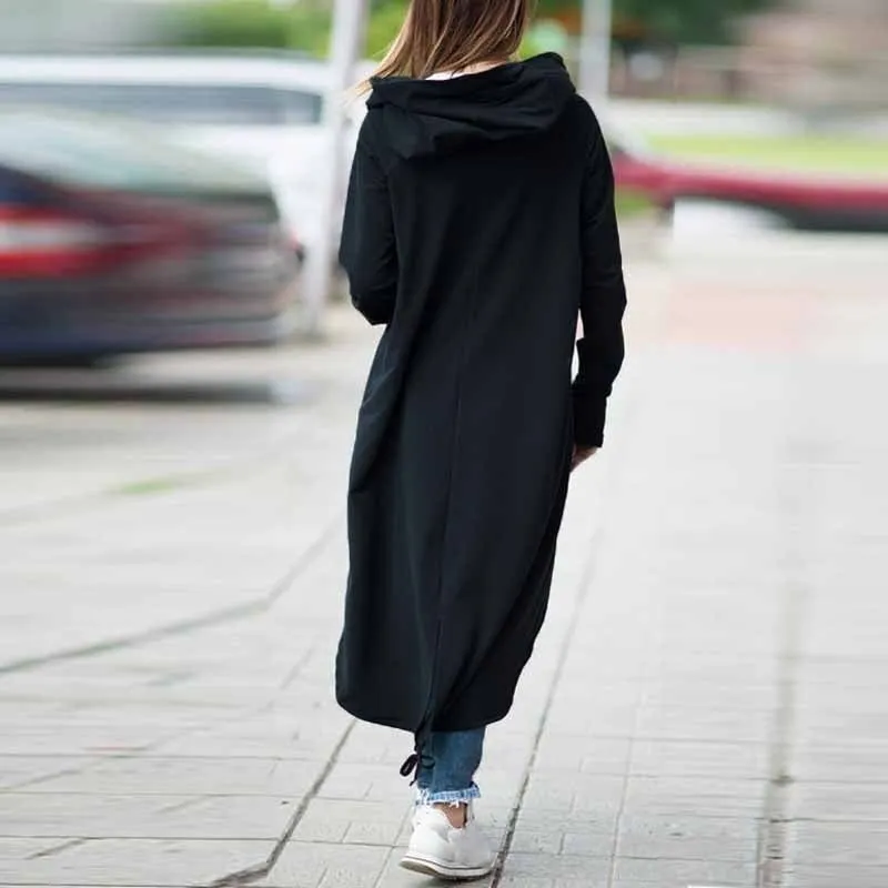 Alternative Fashion Long Sleeve Hooded Trench Coat / Black Zipper Velvet Women Overcoat