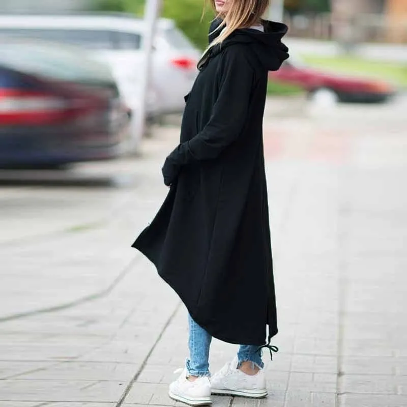 Alternative Fashion Long Sleeve Hooded Trench Coat / Black Zipper Velvet Women Overcoat