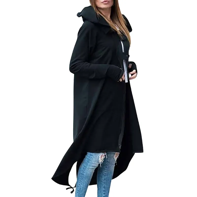 Alternative Fashion Long Sleeve Hooded Trench Coat / Black Zipper Velvet Women Overcoat