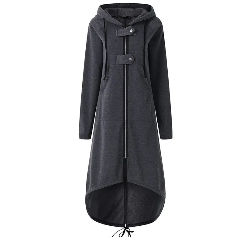 Alternative Fashion Long Sleeve Hooded Trench Coat / Black Zipper Velvet Women Overcoat