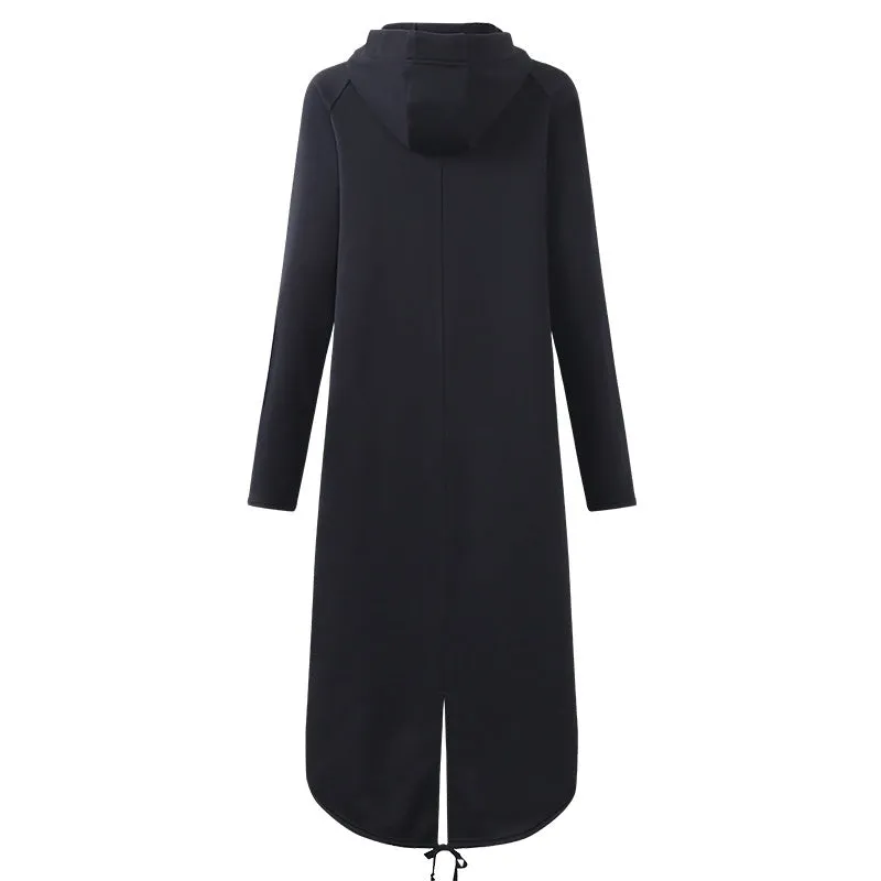 Alternative Fashion Long Sleeve Hooded Trench Coat / Black Zipper Velvet Women Overcoat