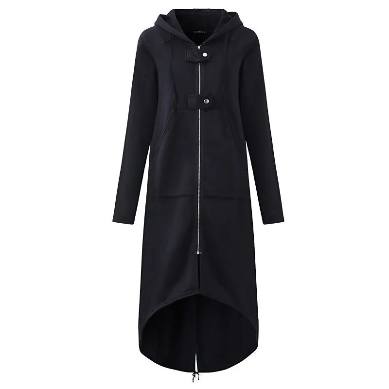 Alternative Fashion Long Sleeve Hooded Trench Coat / Black Zipper Velvet Women Overcoat