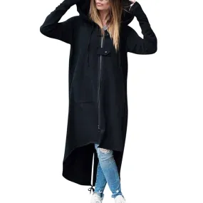 Alternative Fashion Long Sleeve Hooded Trench Coat / Black Zipper Velvet Women Overcoat