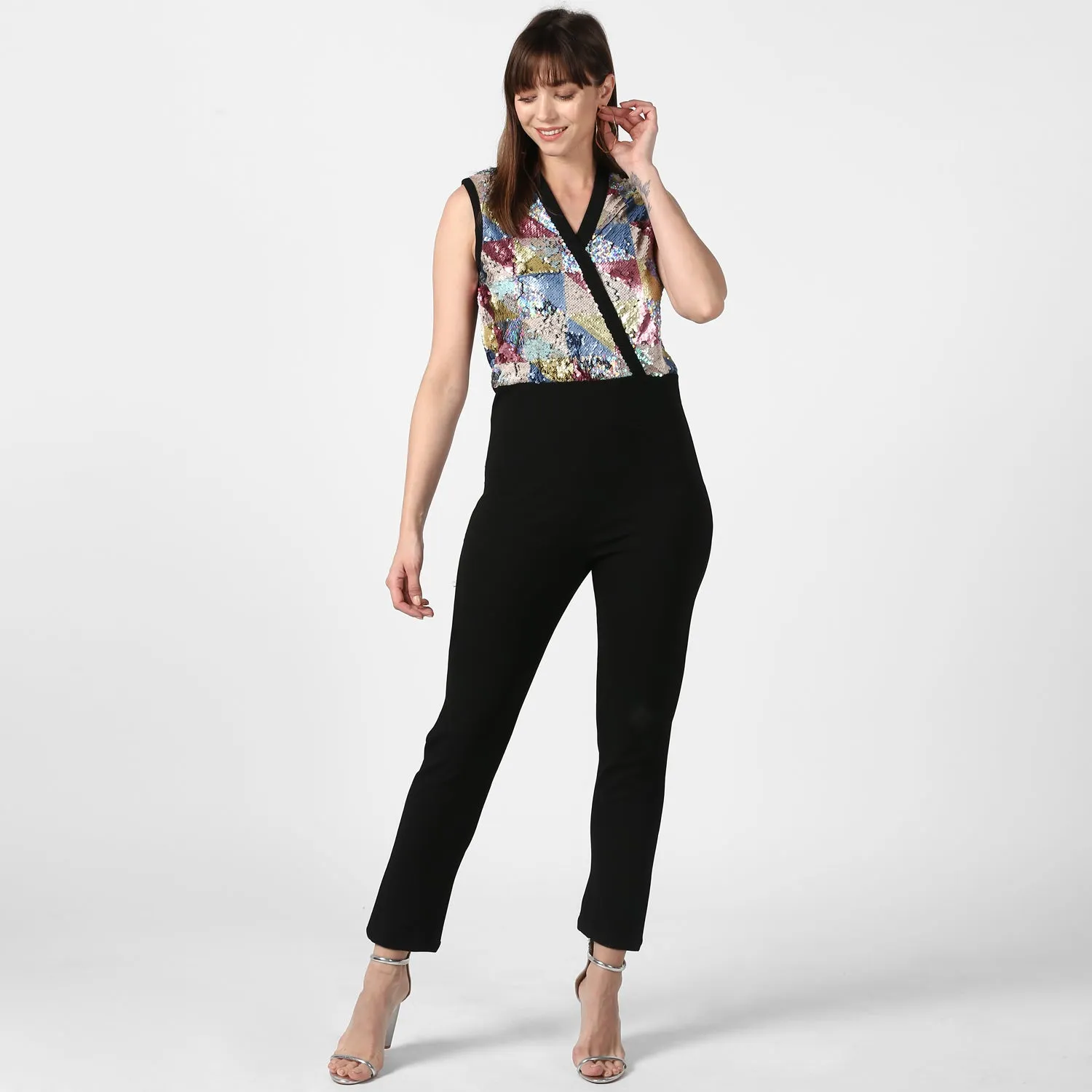 Black And Multi-Coloured Polyester Sequin Jumpsuit