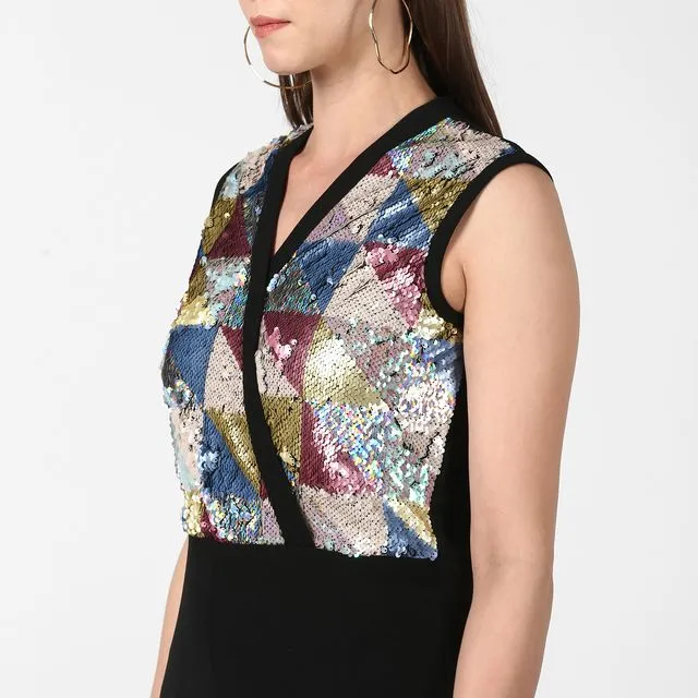 Black And Multi-Coloured Polyester Sequin Jumpsuit