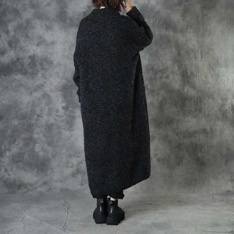 Chic Black Loose Pockets Fall Sweaters Coat