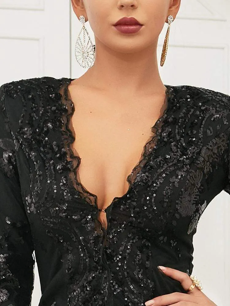 Elegant Black Sequin Long Overalls Sets