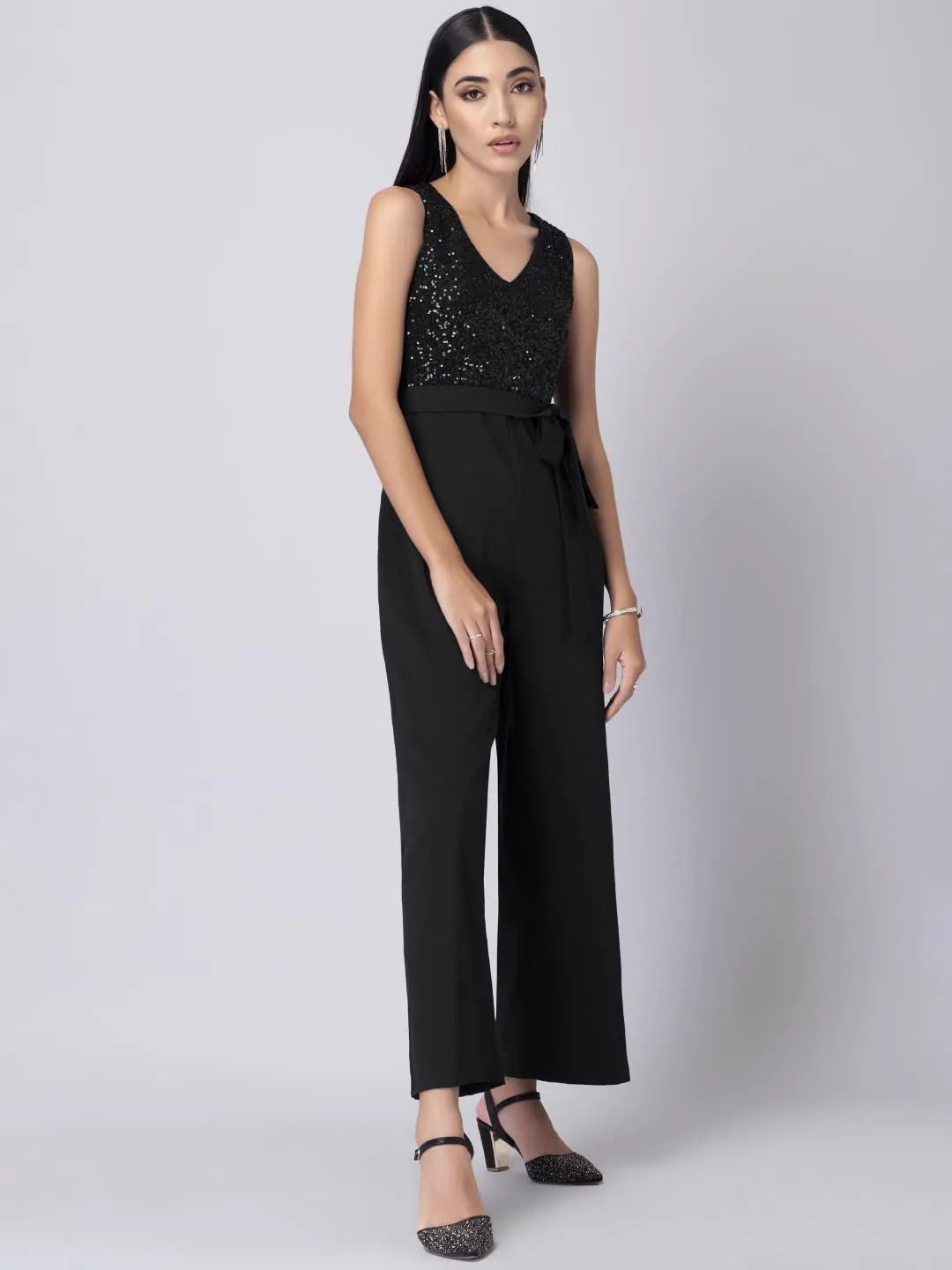 Faballey Black Sequin Sleeveless Belted Jumpsuit