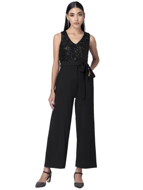 Faballey Black Sequin Sleeveless Belted Jumpsuit