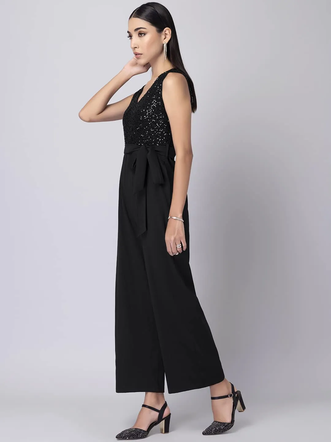 Faballey Black Sequin Sleeveless Belted Jumpsuit