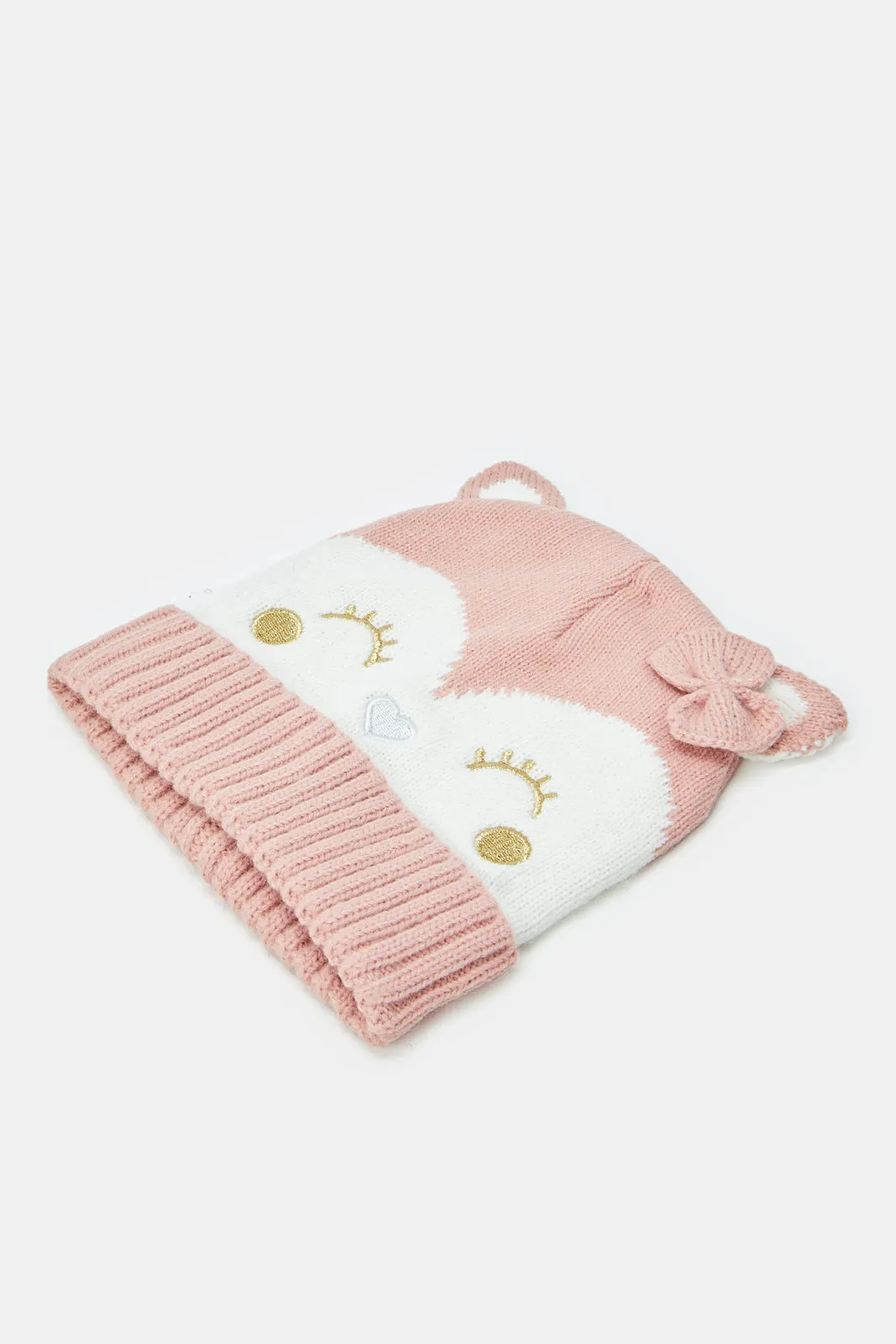 Girls Pink And Grey Knitted Cap Set (Pack of 2)