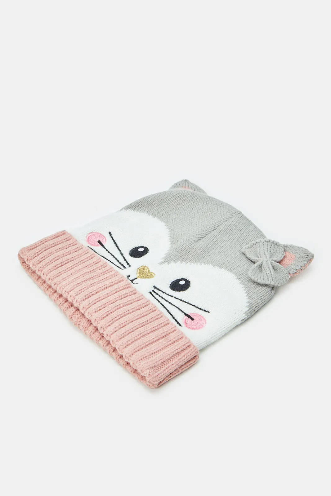 Girls Pink And Grey Knitted Cap Set (Pack of 2)