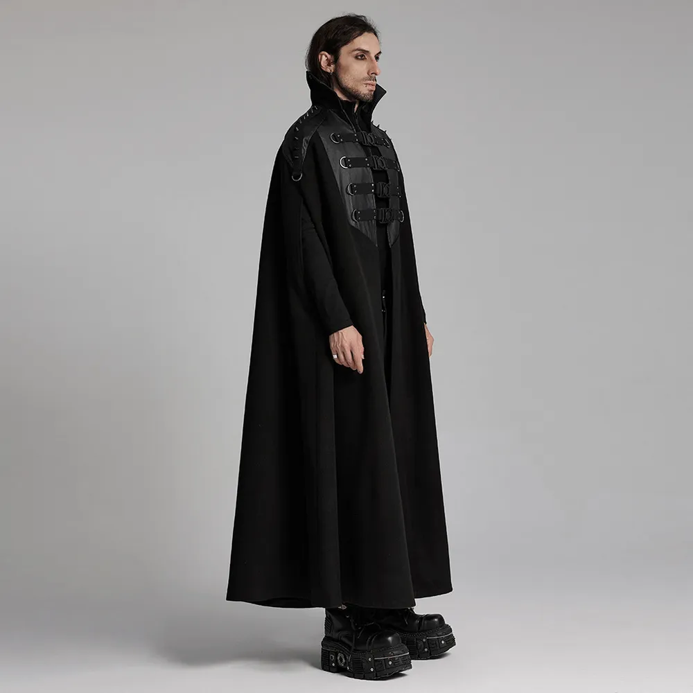 Gothic Black Woolen Cape with Buckle Accents for Men