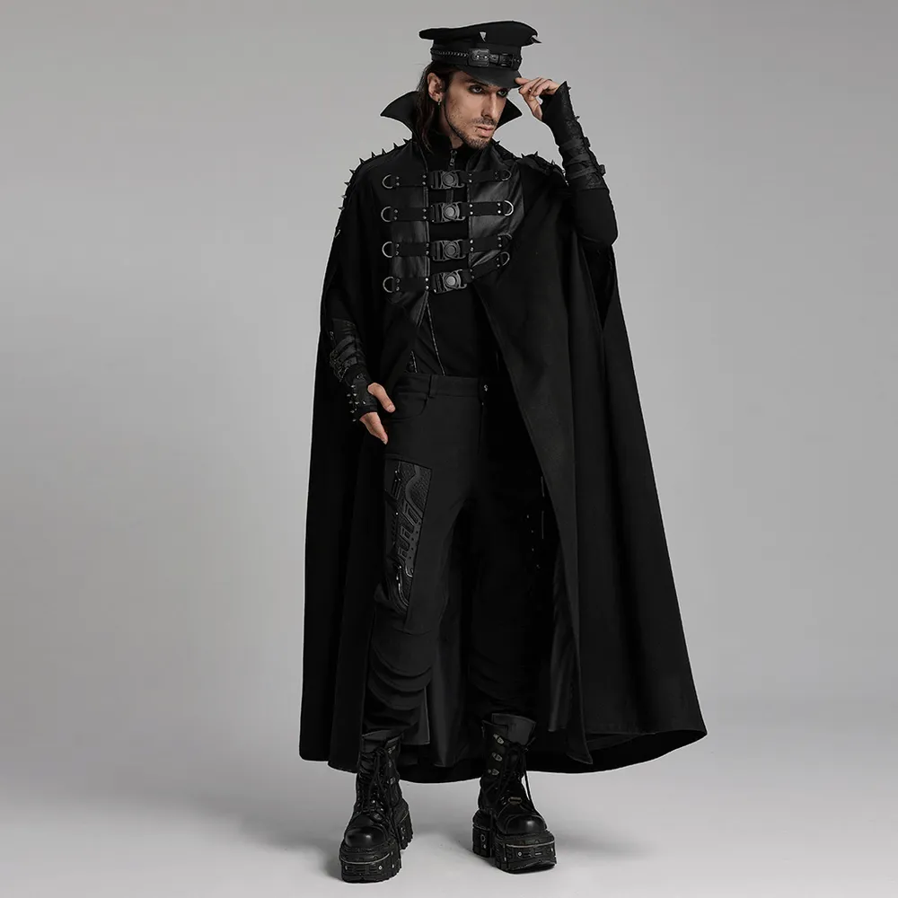 Gothic Black Woolen Cape with Buckle Accents for Men