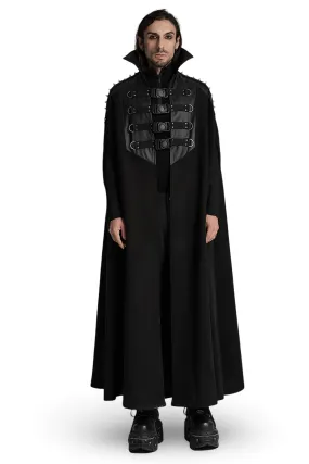 Gothic Black Woolen Cape with Buckle Accents for Men