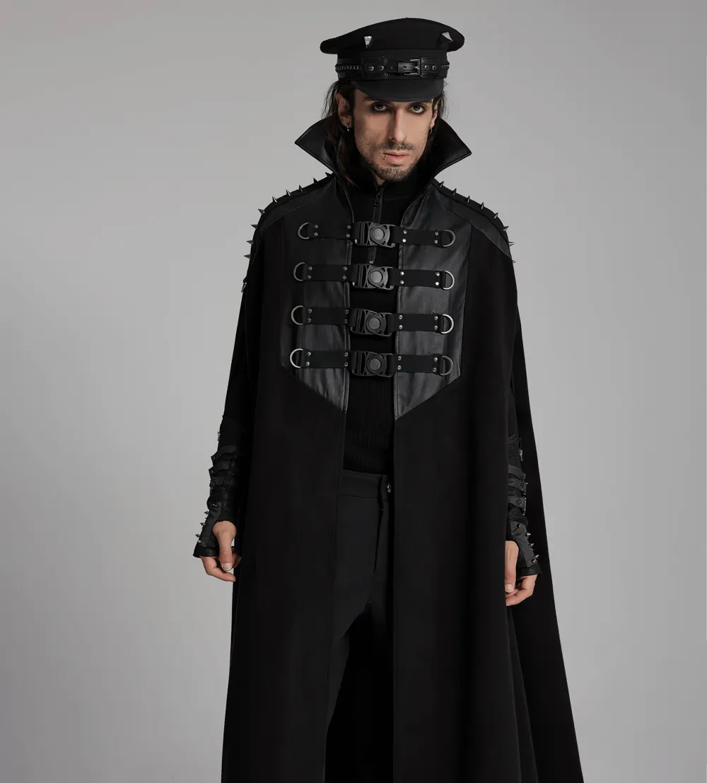 Gothic Black Woolen Cape with Buckle Accents for Men