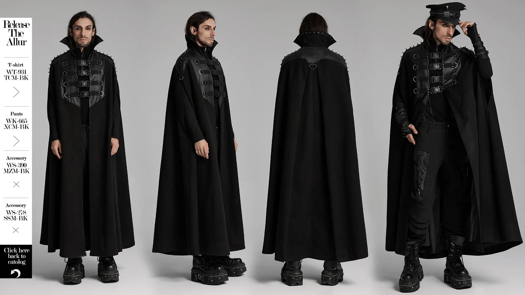 Gothic Black Woolen Cape with Buckle Accents for Men