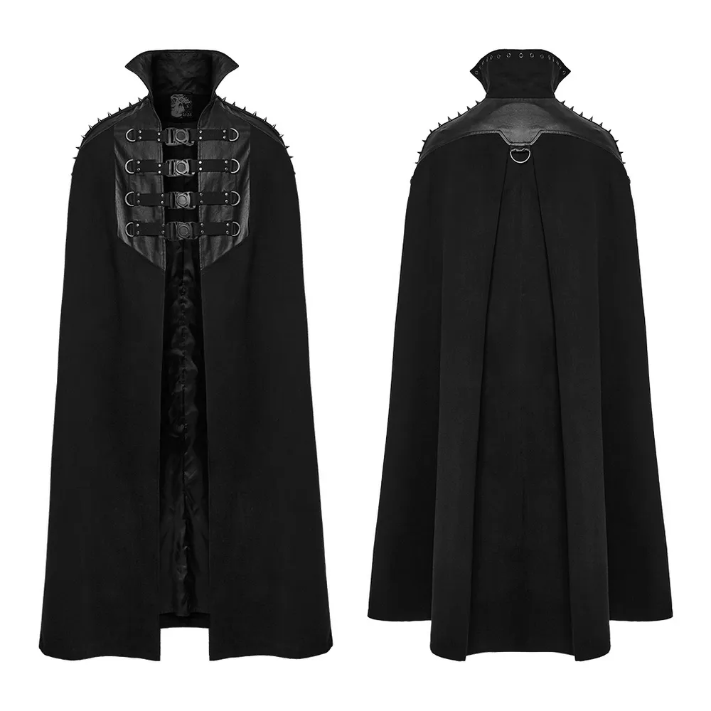 Gothic Black Woolen Cape with Buckle Accents for Men