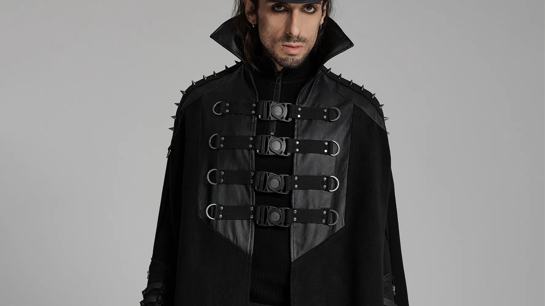 Gothic Black Woolen Cape with Buckle Accents for Men