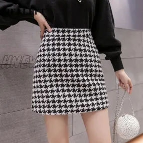 Hnewly New Autumn Winter Stylish Houndstooth Skirt Women Woolen Skater Skirts High Waist A-Line Sexy Mini Skirts Female