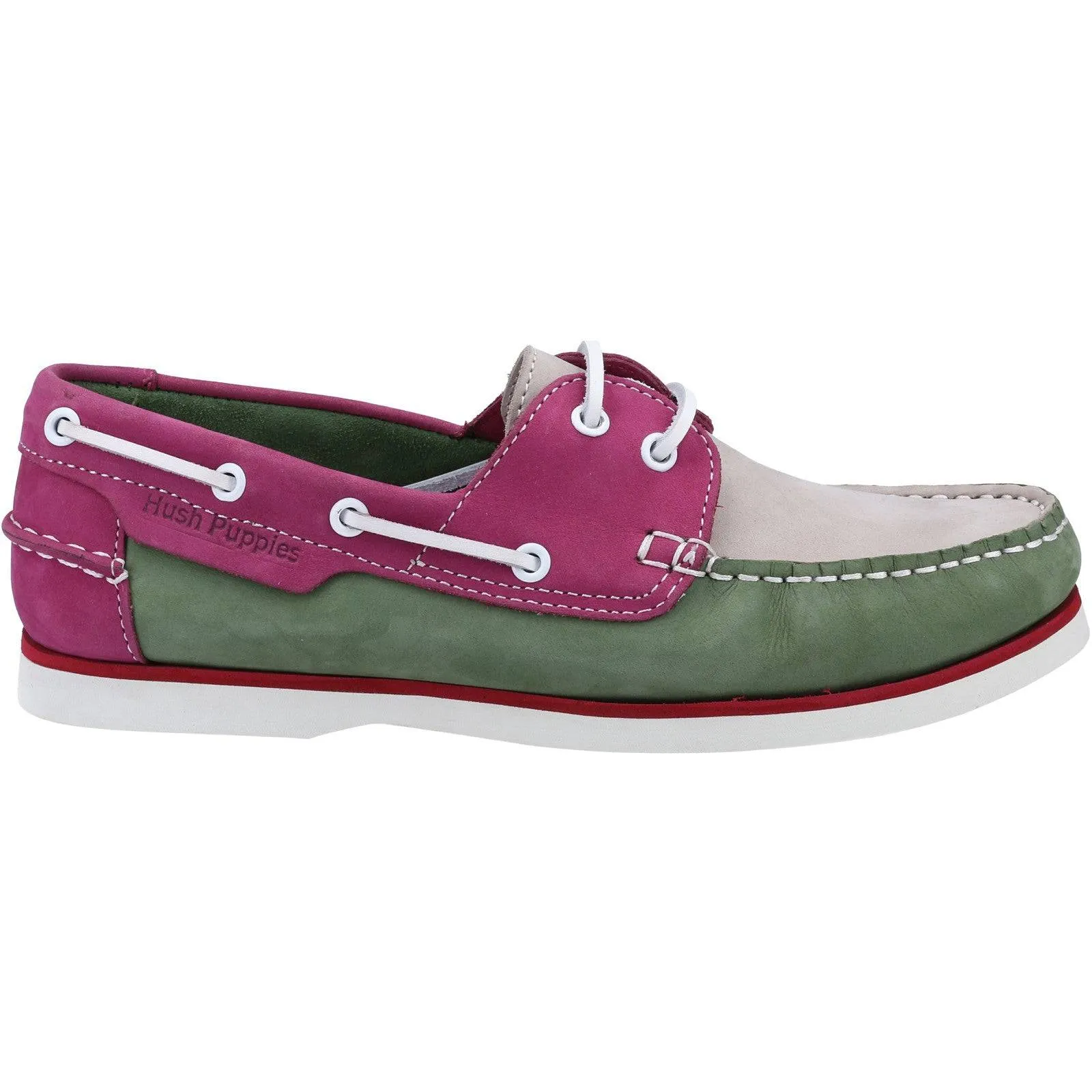 Hush Puppies Hattie Ladies Green And Pink Leather Lace Up Deck Shoes