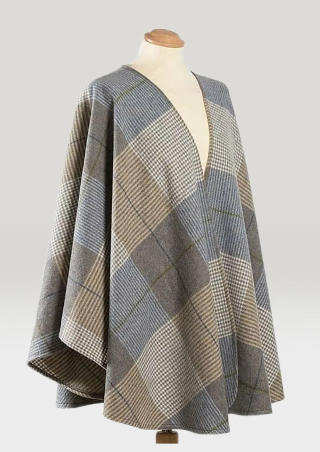 John Hanly Lambswool Cape | Cream Taupe & Denim Check