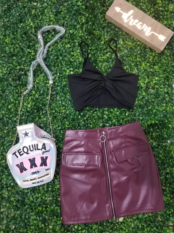 Leather Wine Mini Skirt