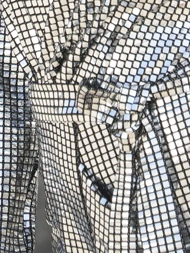 Long Sleeve Silver Checkered Pary Playsuit