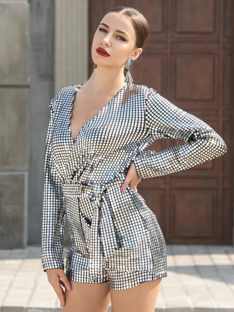 Long Sleeve Silver Checkered Pary Playsuit