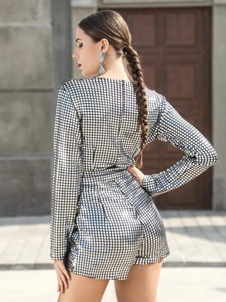 Long Sleeve Silver Checkered Pary Playsuit