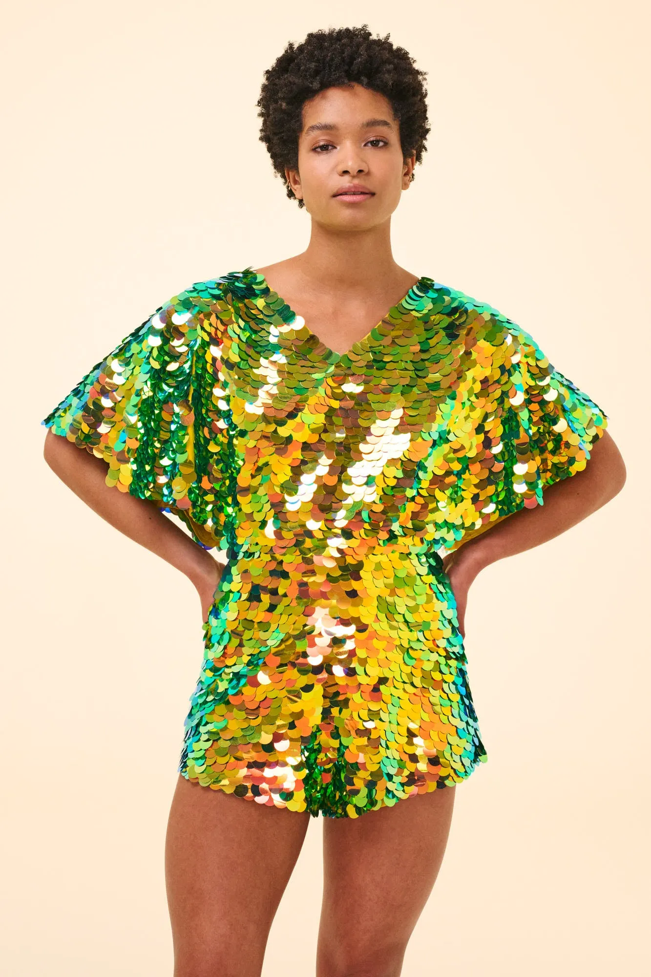 MELLA SEQUIN CAPE PLAYSUIT - CITRUS