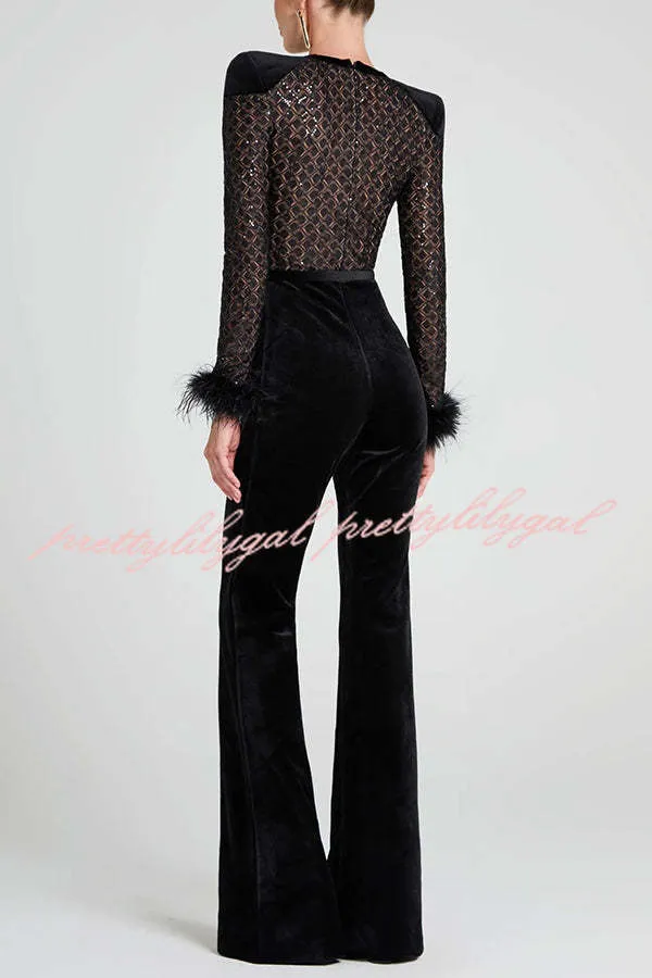 Monique Fish Scale Lace Sequin Velvet Patchwork Feather Trim Belted Stretch Flare Jumpsuit