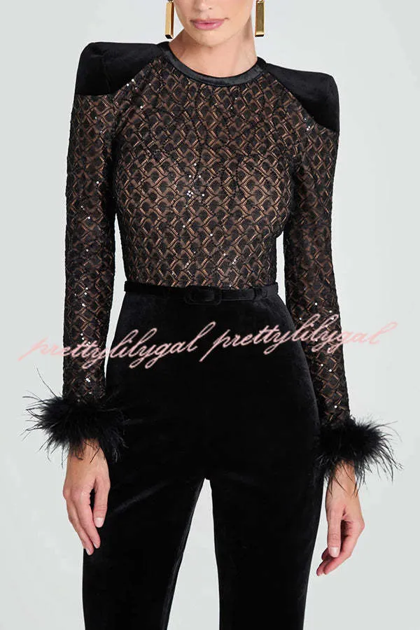 Monique Fish Scale Lace Sequin Velvet Patchwork Feather Trim Belted Stretch Flare Jumpsuit