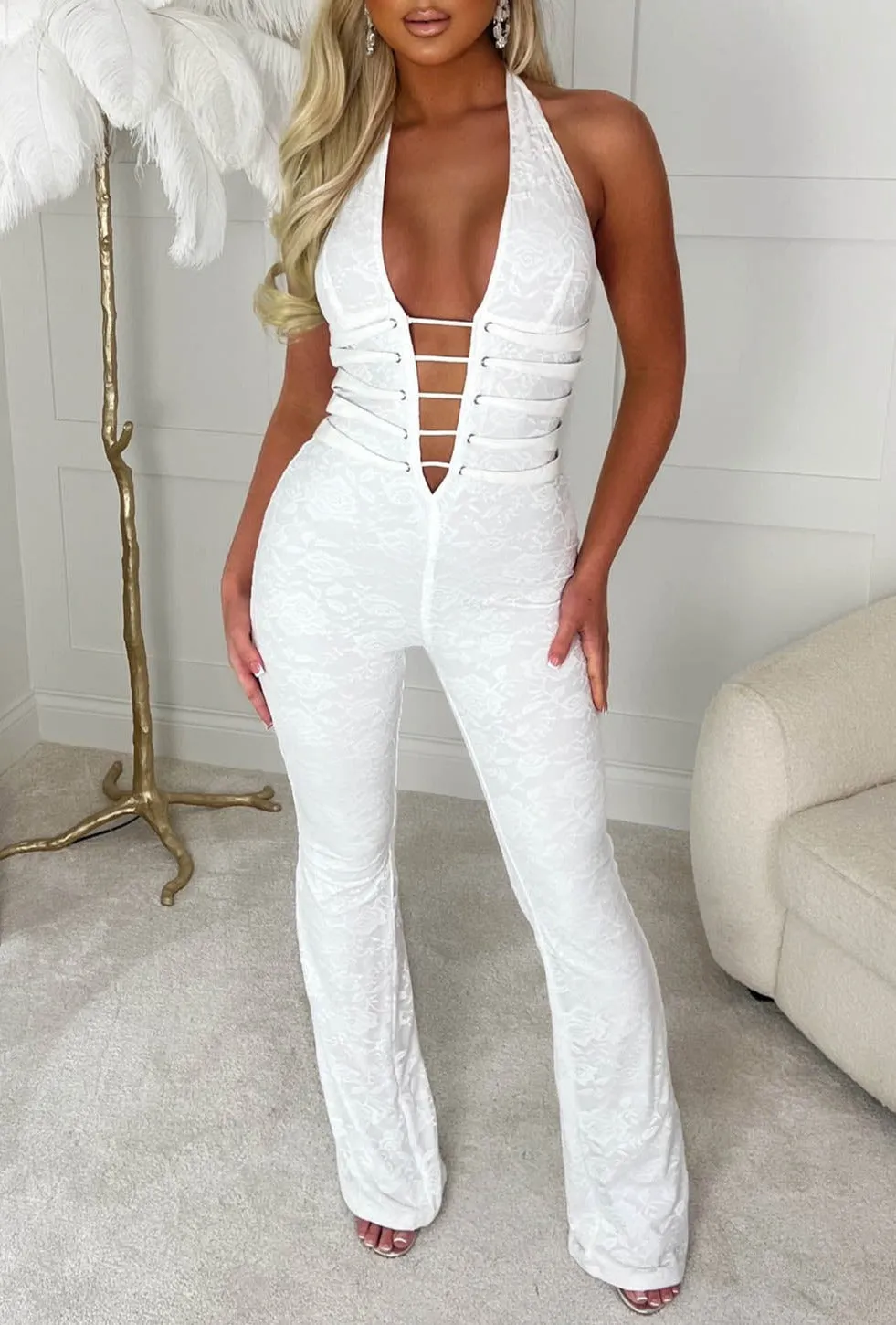 Mystic White Lace Halterneck Flared Tie Up Stretch Jumpsuit Limited Edition