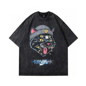 Oversized Black Cat Graphic Vintage Tee