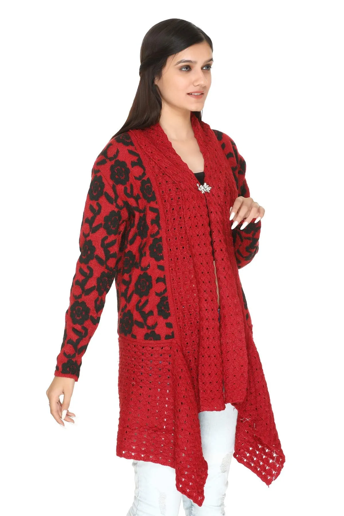 PIPASA Women Ladies Girls Winter Wear Latest Color Woolen V-Neck Open Front Hem Long Sleeves Shrug Cardigan Sweater (RED-Flower)