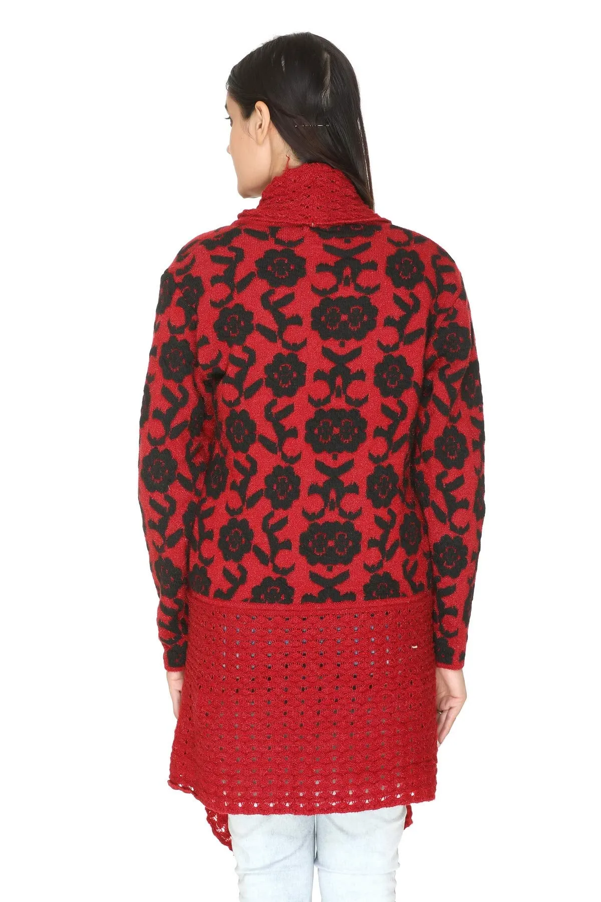 PIPASA Women Ladies Girls Winter Wear Latest Color Woolen V-Neck Open Front Hem Long Sleeves Shrug Cardigan Sweater (RED-Flower)