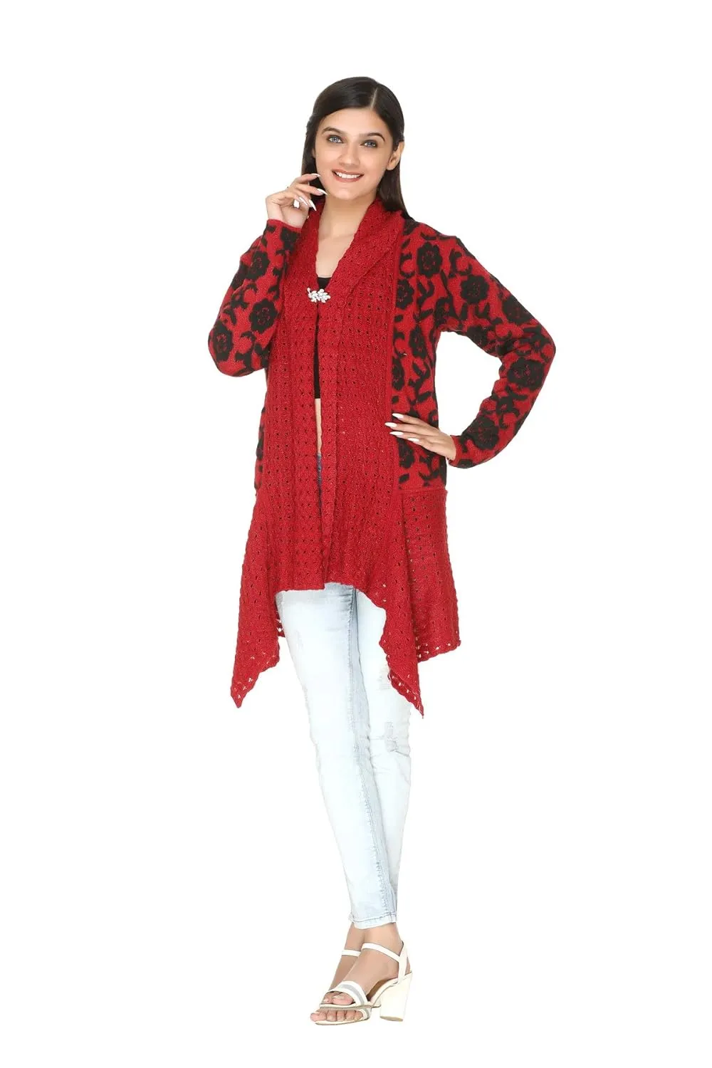 PIPASA Women Ladies Girls Winter Wear Latest Color Woolen V-Neck Open Front Hem Long Sleeves Shrug Cardigan Sweater (RED-Flower)