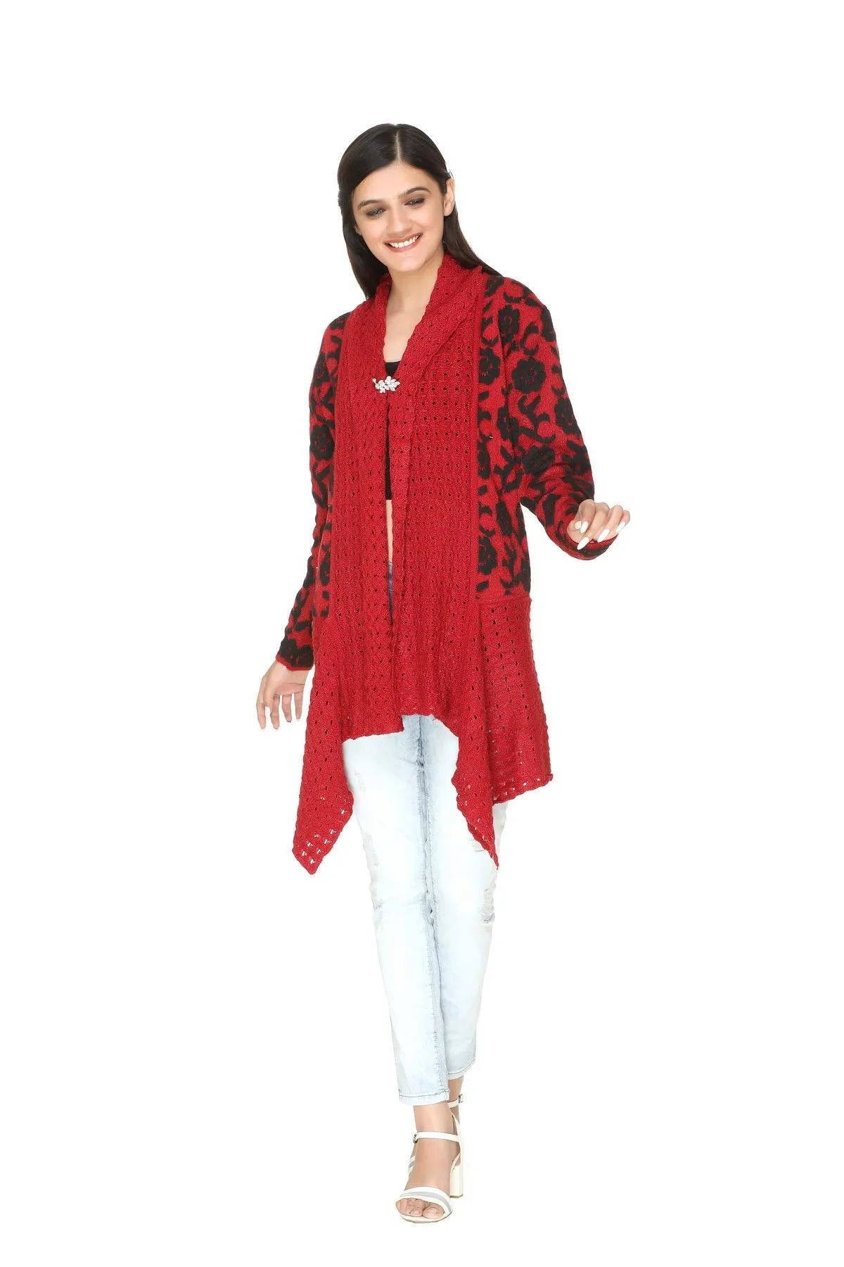 PIPASA Women Ladies Girls Winter Wear Latest Color Woolen V-Neck Open Front Hem Long Sleeves Shrug Cardigan Sweater (RED-Flower)