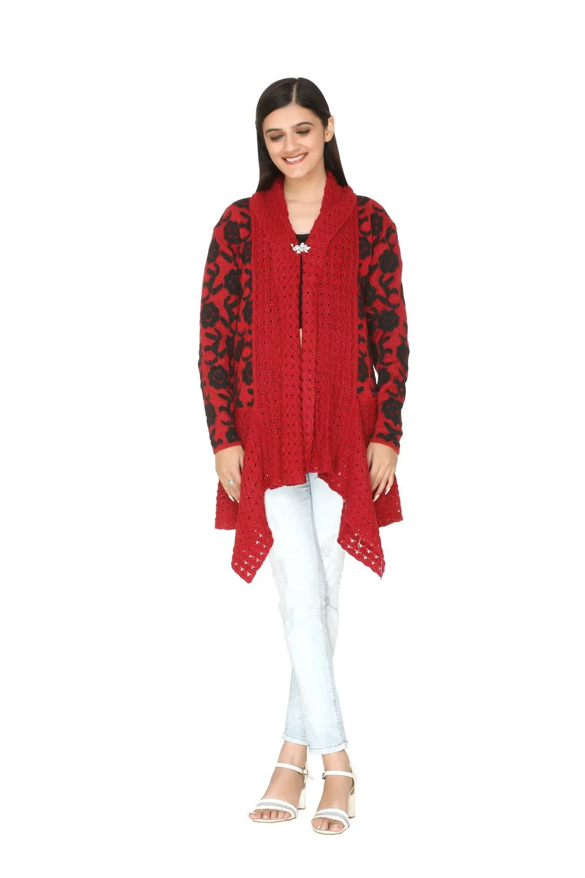 PIPASA Women Ladies Girls Winter Wear Latest Color Woolen V-Neck Open Front Hem Long Sleeves Shrug Cardigan Sweater (RED-Flower)