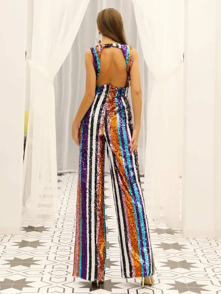 Rainbow Striped Sequin Party Jumpsuit