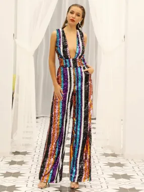 Rainbow Striped Sequin Party Jumpsuit