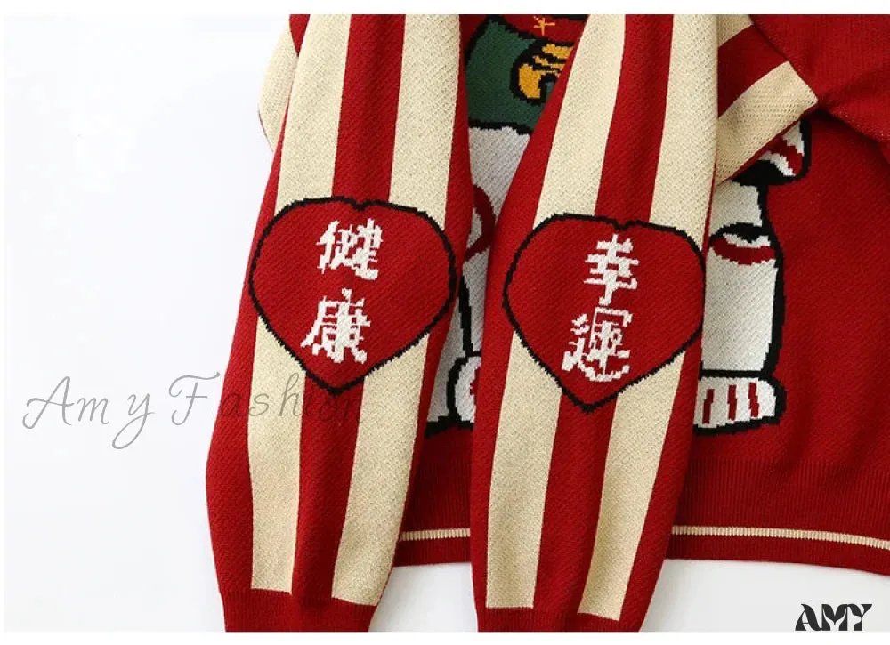 Retro Lucky Cat Red Cotton Christmas Sweater