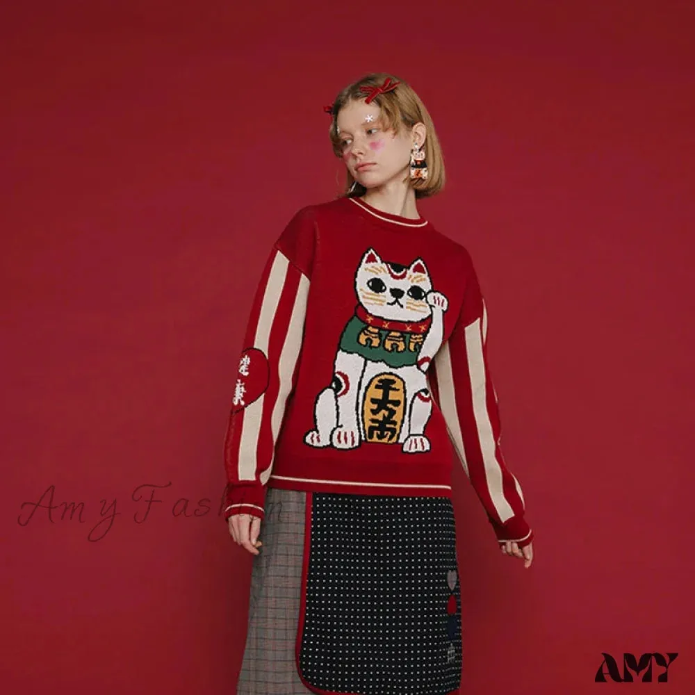 Retro Lucky Cat Red Cotton Christmas Sweater