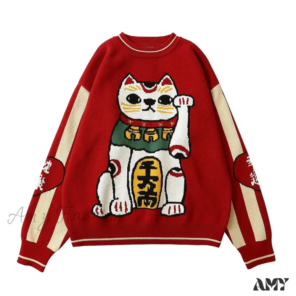 Retro Lucky Cat Red Cotton Christmas Sweater