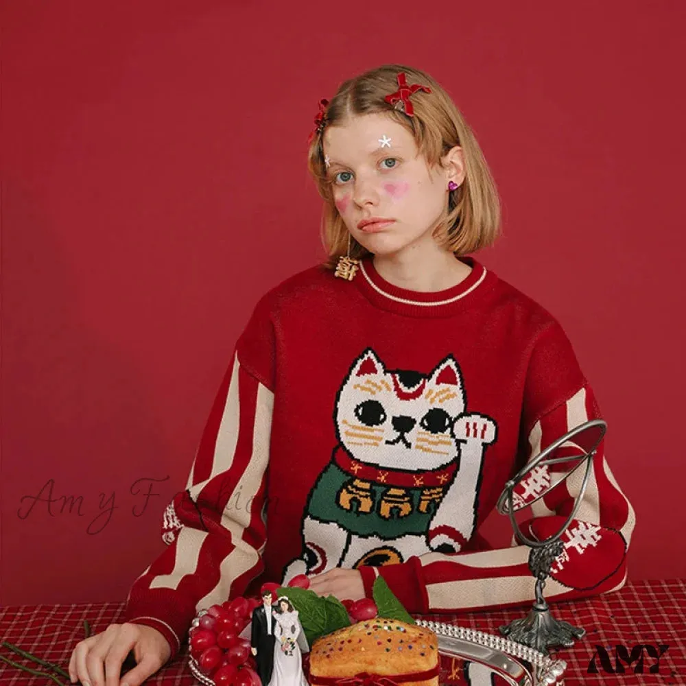 Retro Lucky Cat Red Cotton Christmas Sweater