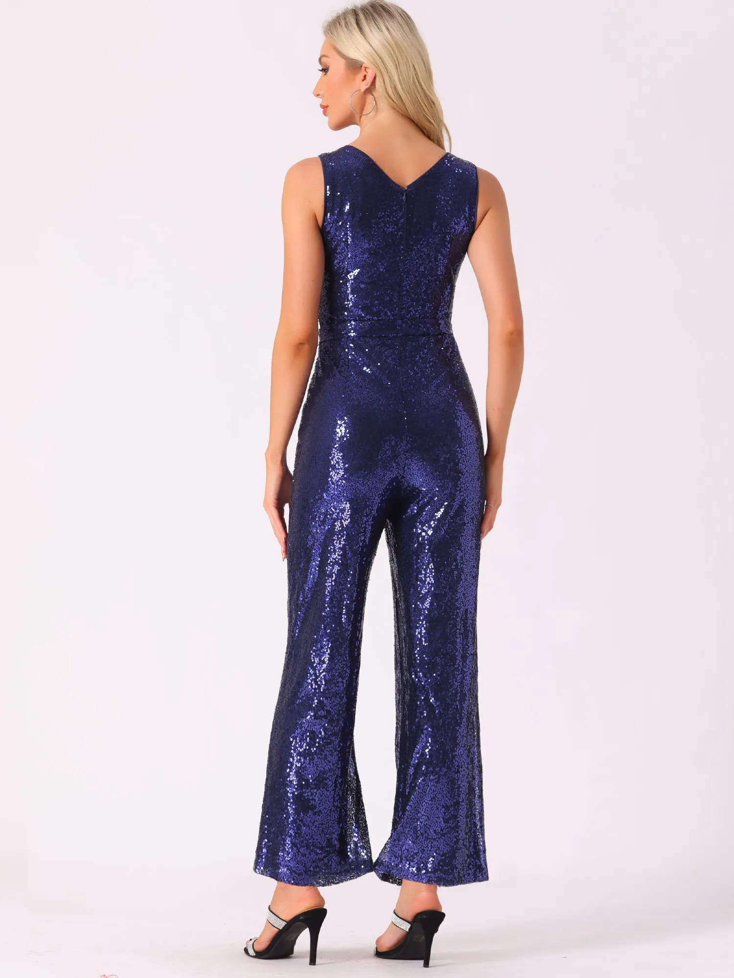 Sequin Party Sleeveless V Neck Glitter Belted Jumpsuits