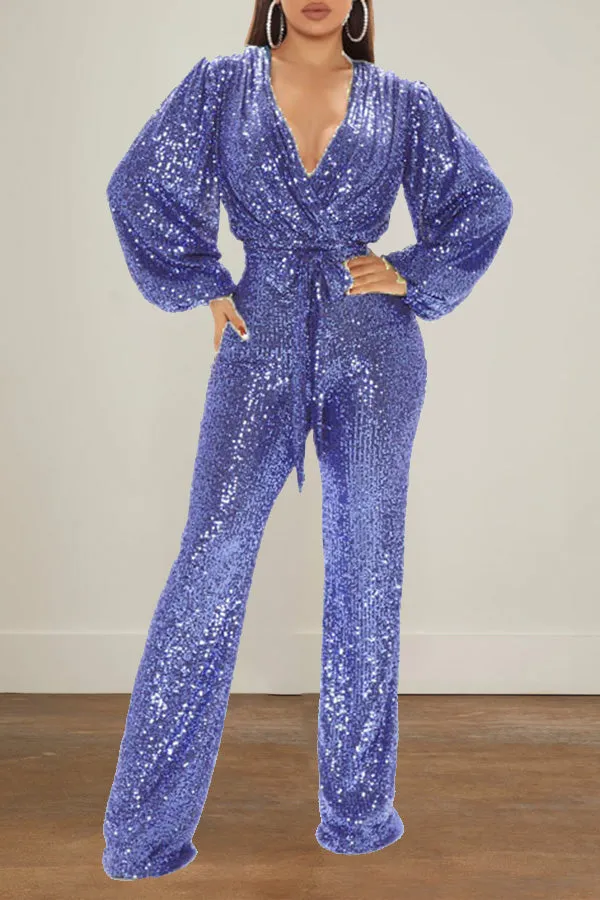 Sequin V-Neck Lantern Sleeve Jumpsuit