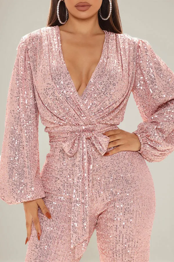 Sequin V-Neck Lantern Sleeve Jumpsuit